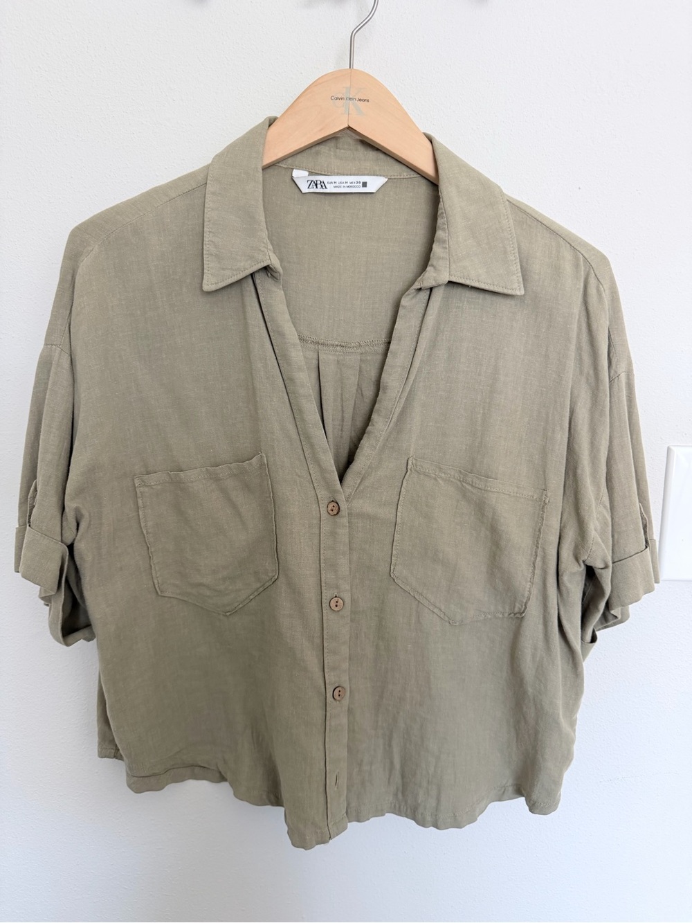 Zara Olive-Tone Short-Sleeve Button Front Shirt